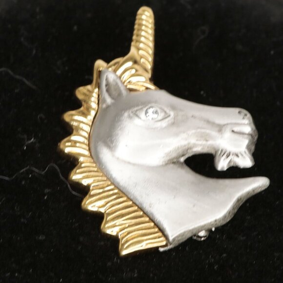 Vintage Two Tone Unicorn Metal Pin Brooch Horse Gold Silver - Picture 4 of 6